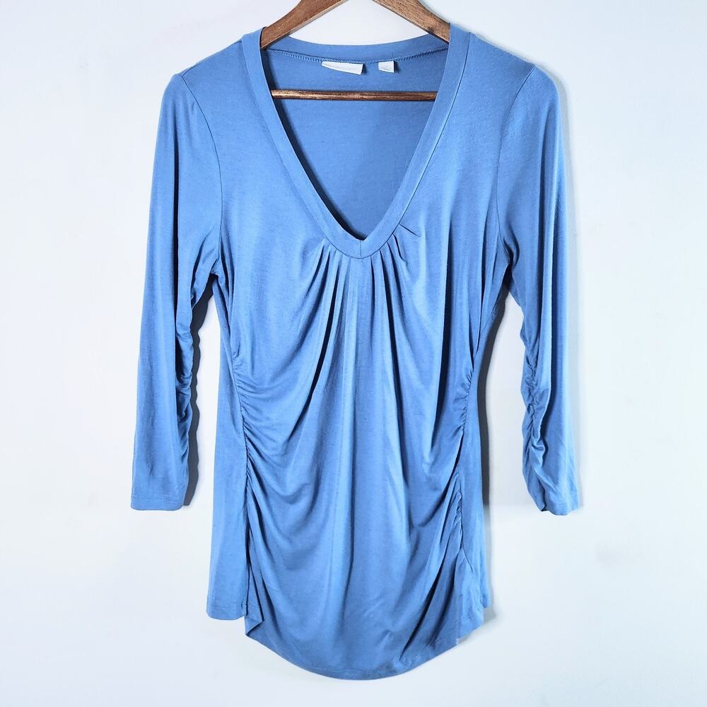New York & Company Vintage Light Blue Ruched Jersey Knit Blouse Size Medium Y2K